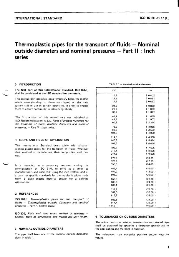 ISO 161-2:1977 - Thermoplastic pipes for the transport of fluids -- Nominal outside diameters and nominal pressures