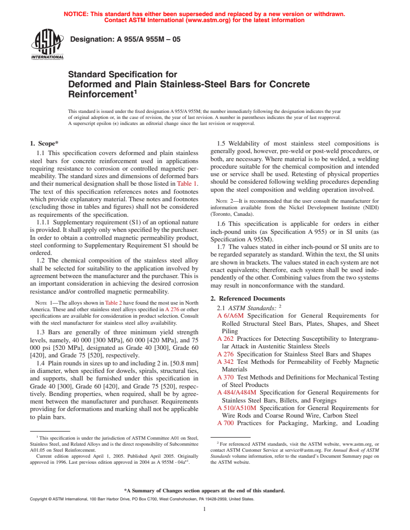 ASTM A955/A955M-05 - Standard Specification for Deformed and Plain Stainless Steel Bars for Concrete Reinforcement