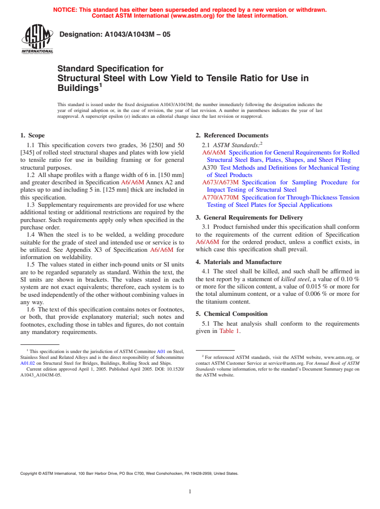 ASTM A1043/A1043M-05 - Standard Specification for Structural Steel with Low Yield to Tensile Ratio for Use in Buildings