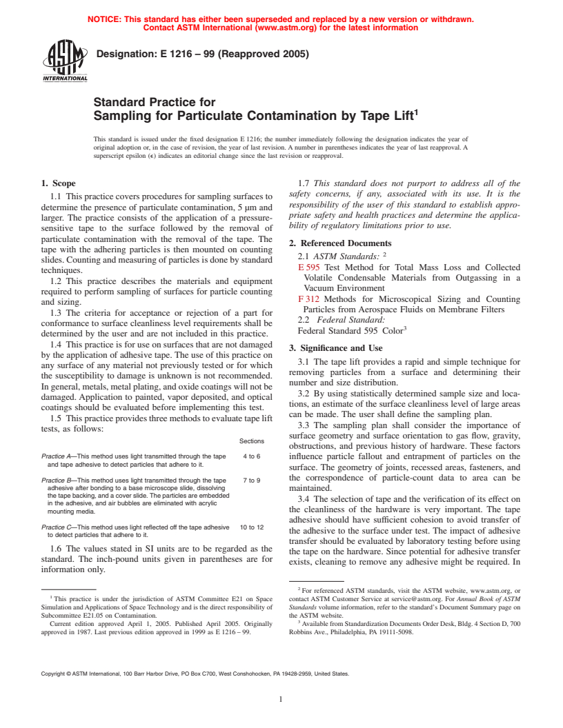 ASTM E1216-99(2005) - Standard Practice for Sampling for Particulate Contamination by Tape Lift