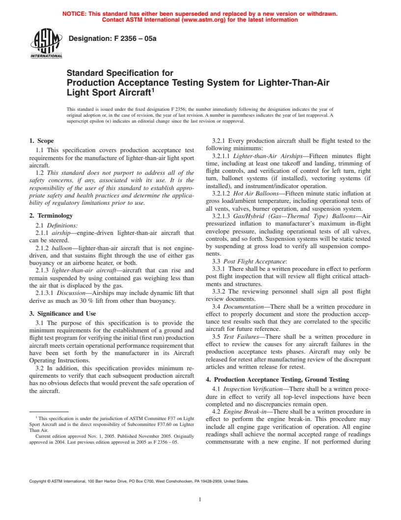 ASTM F2356-05 - Standard Specification for Production Acceptance Testing System for Lighter-Than-Air Light Sport Aircraft