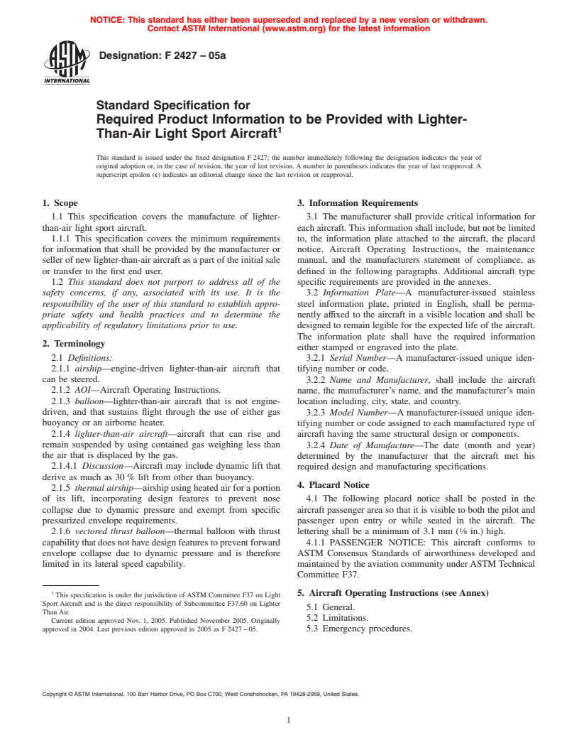 ASTM F2427-05 - Standard Specification for Required Product Information to be Provided with Lighter-Than-Air Light Sport Aircraft