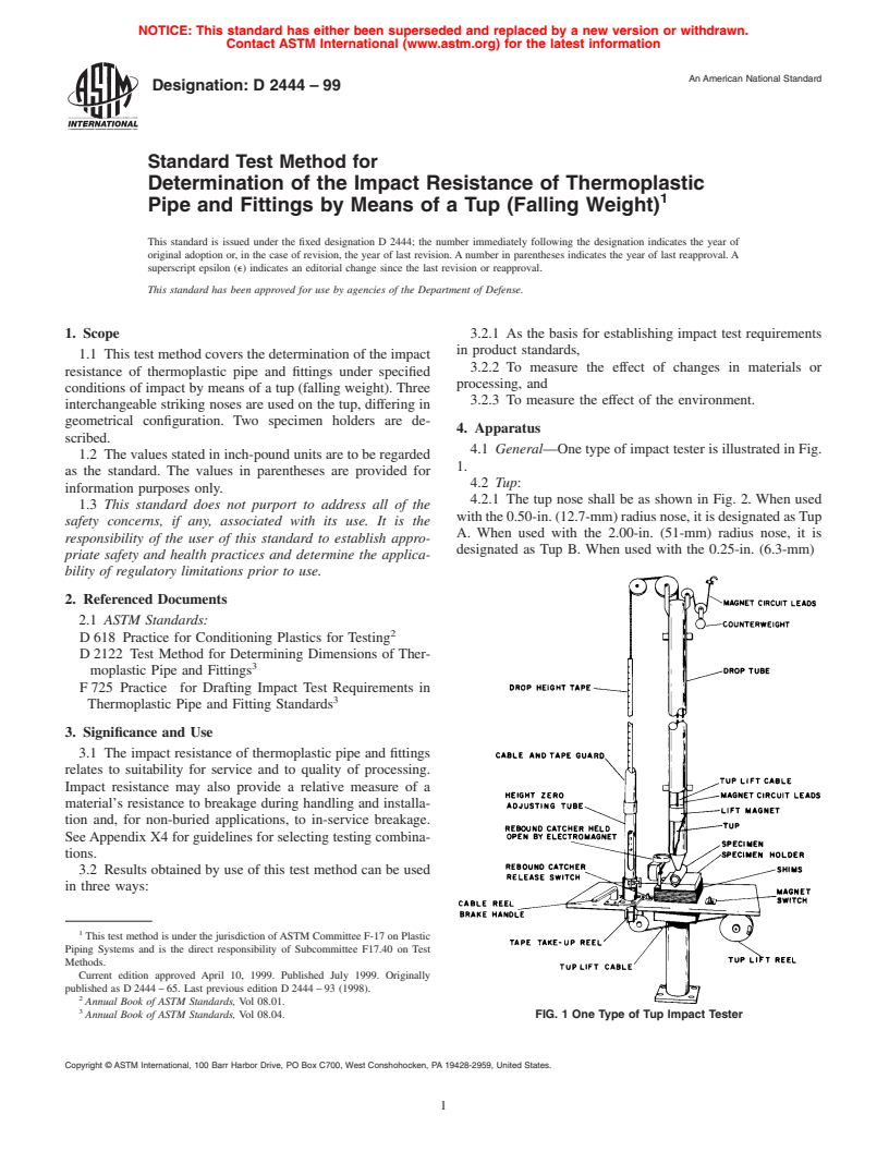 ASTM D2444-99 - Standard Test Method for Determination of the Impact Resistance of Thermoplastic Pipe and Fittings by Means of a Tup (Falling Weight)