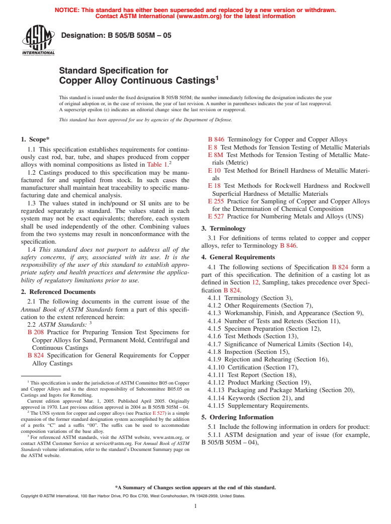 ASTM B505/B505M-05 - Standard Specification For Copper-Base Alloy ...
