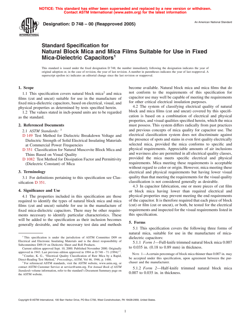 ASTM D748-00(2005) - Standard Specification for Natural Block Mica and Mica Films Suitable for Use in Fixed Mica-Dielectric Capacitors