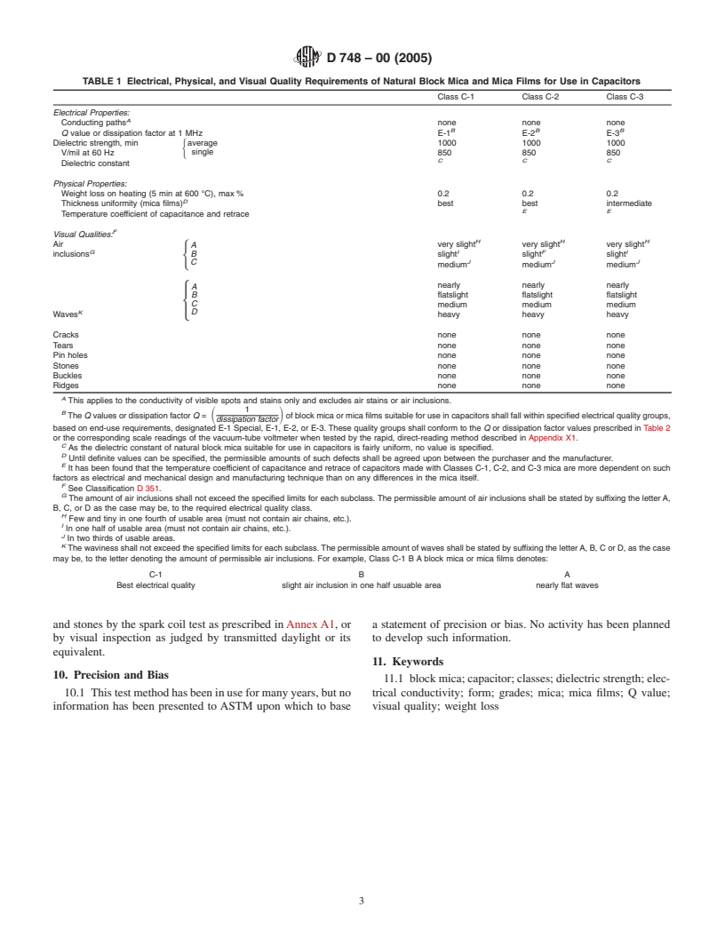 ASTM D748-00(2005) - Standard Specification for Natural Block Mica and Mica Films Suitable for Use in Fixed Mica-Dielectric Capacitors