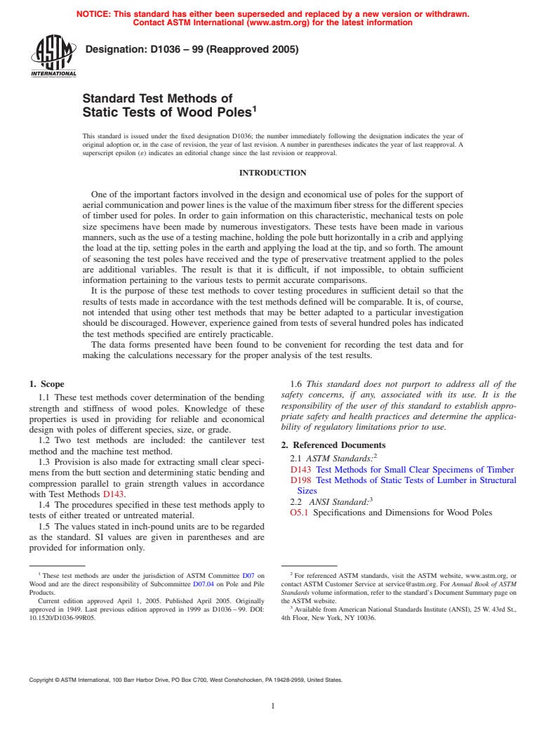 ASTM D1036-99(2005) - Standard Test Methods of Static Tests of Wood Poles