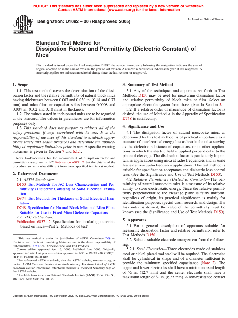 ASTM D1082-00(2005) - Standard Test Method for Dissipation Factor and Permittivity (Dielectric Constant) of Mica