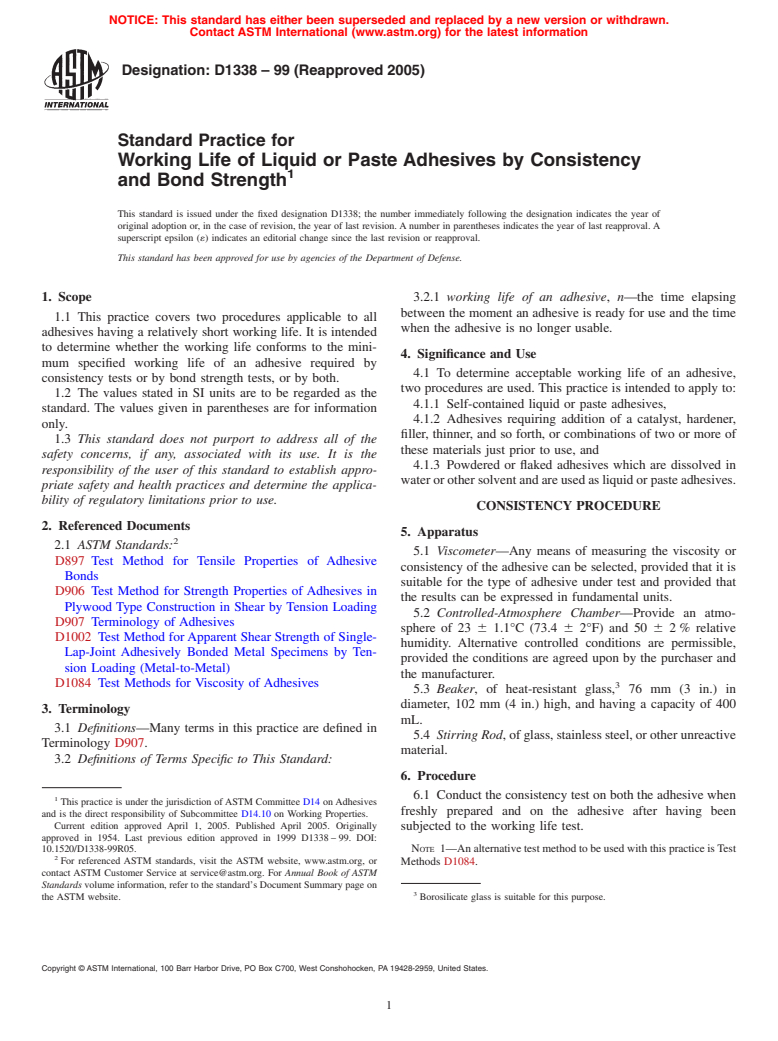 ASTM D1338-99(2005) - Standard Practice for Working Life of Liquid or Paste Adhesives by Consistency and Bond Strength