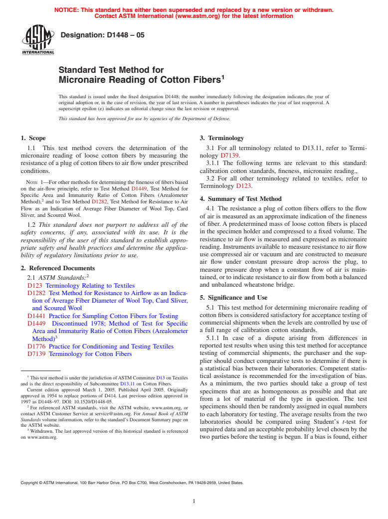 ASTM D1448-05 - Standard Test Method for Micronaire Reading of Cotton Fibers