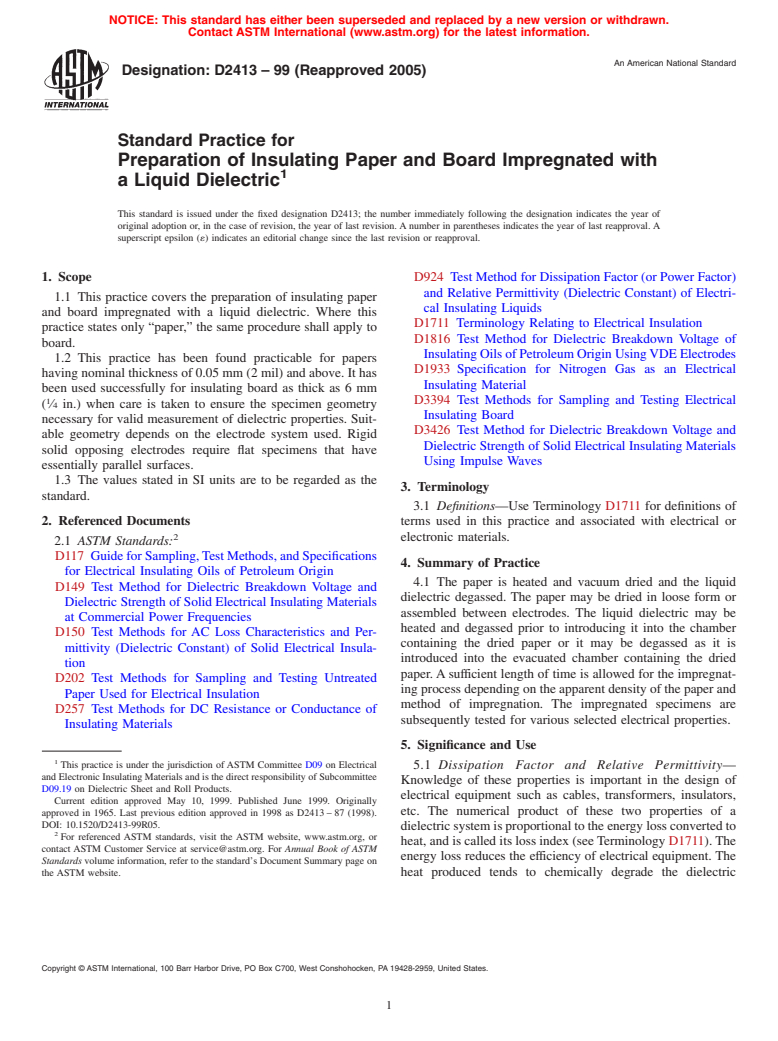 ASTM D2413-99(2005) - Standard Practice for Preparation of Insulating Paper and Board Impregnated with a Liquid Dielectric