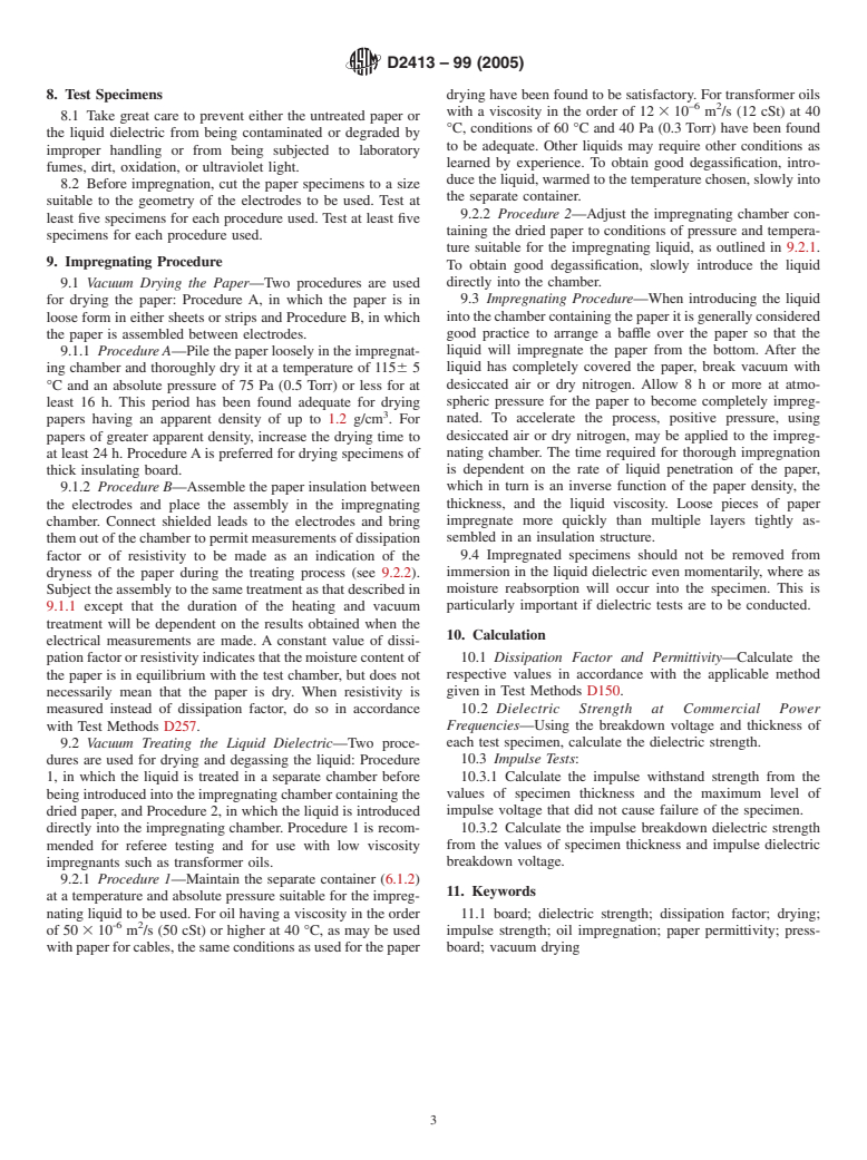 ASTM D2413-99(2005) - Standard Practice for Preparation of Insulating Paper and Board Impregnated with a Liquid Dielectric