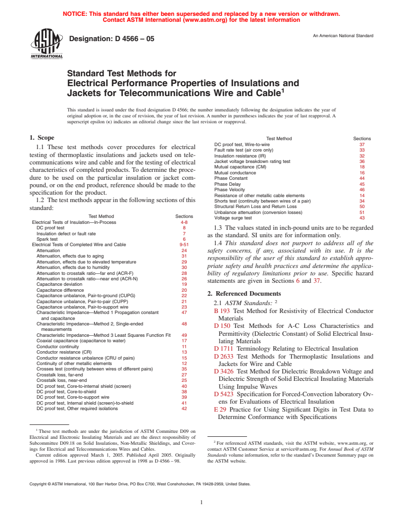 ASTM D4566-05 - Standard Test Methods for Electrical Performance Properties of Insulations and Jackets for Telecommunications Wire and Cable