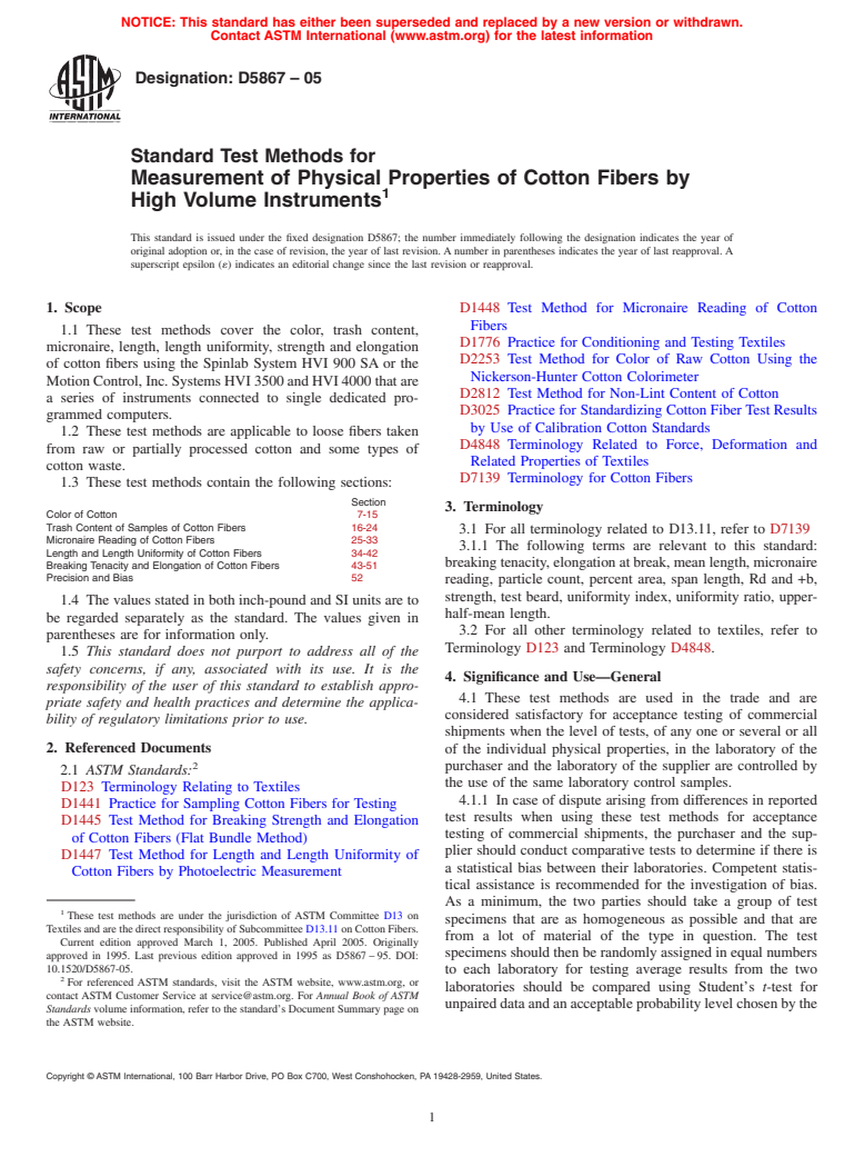 ASTM D5867-05 - Standard Test Methods for Measurement of Physical Properties of Cotton Fibers by High Volume Instruments