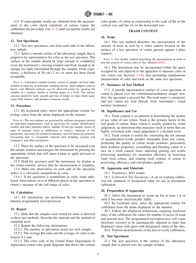 ASTM D5867-05 - Standard Test Methods for Measurement of Physical Properties of Cotton Fibers by High Volume Instruments