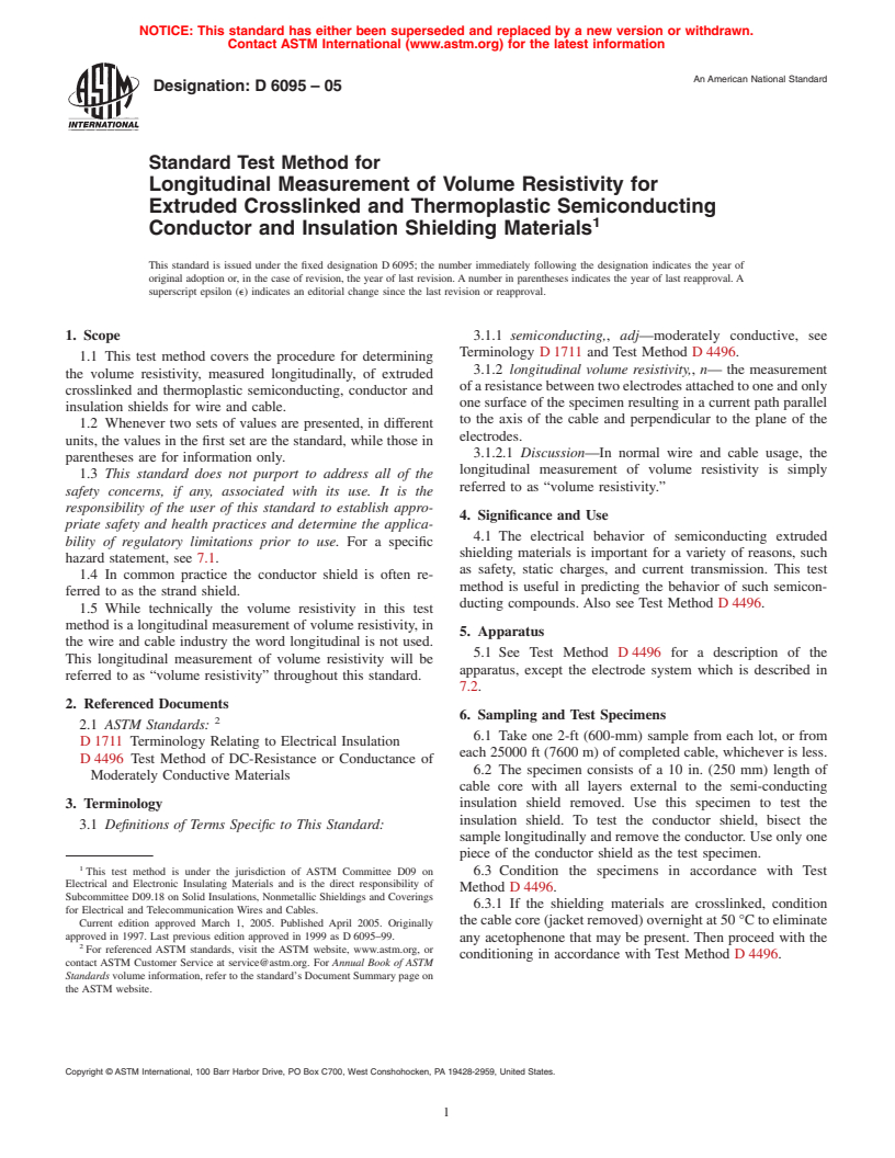 ASTM D6095-05 - Standard Test Method for Volume Resistivity for Extruded Crosslinked and Thermoplastic Semiconducting Conductor and Insulation Shielding Materials