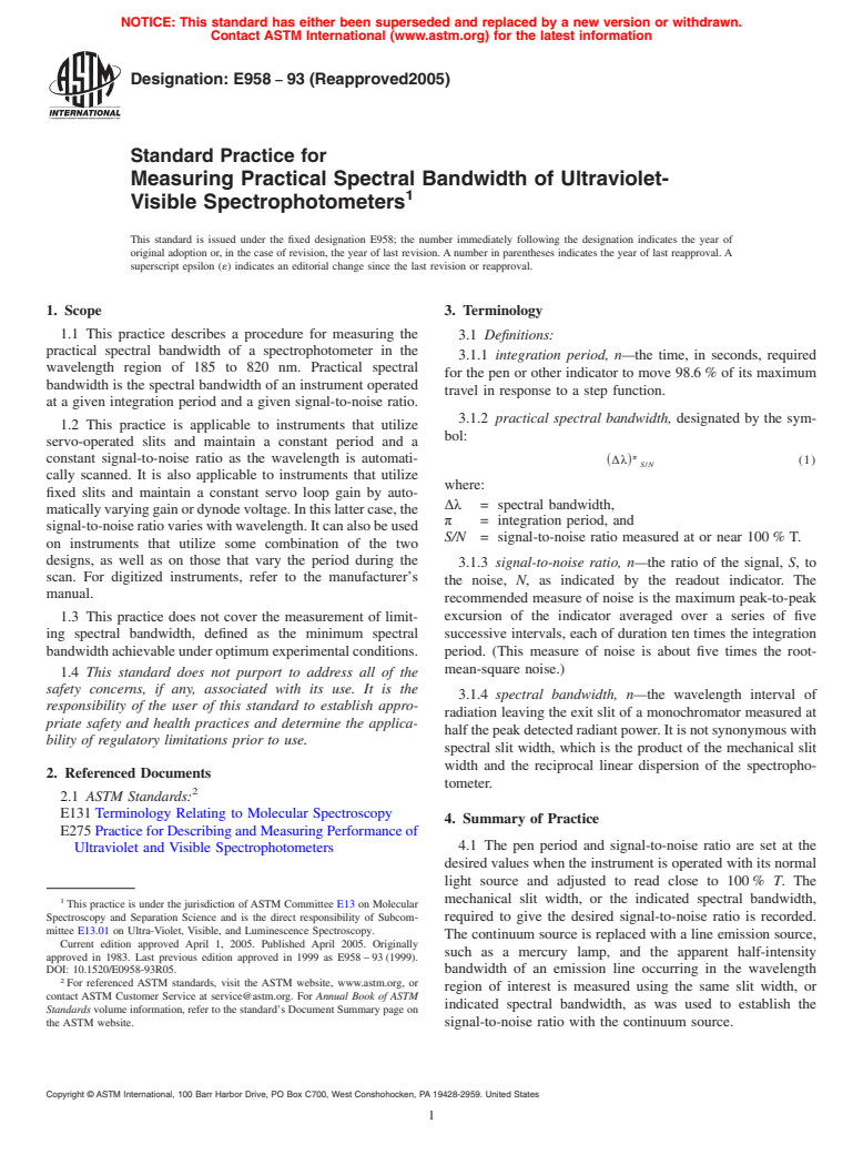 ASTM E958-93(2005) - Standard Practice for Measuring Practical Spectral Bandwidth of Ultraviolet-Visible Spectrophotometers