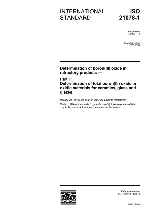 ISO 21078-1:2008 - Determination of boron (III) oxide in refractory products