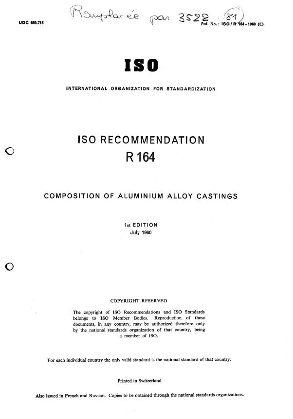 ISO/R 164:1960 - Composition of aluminium alloy castings