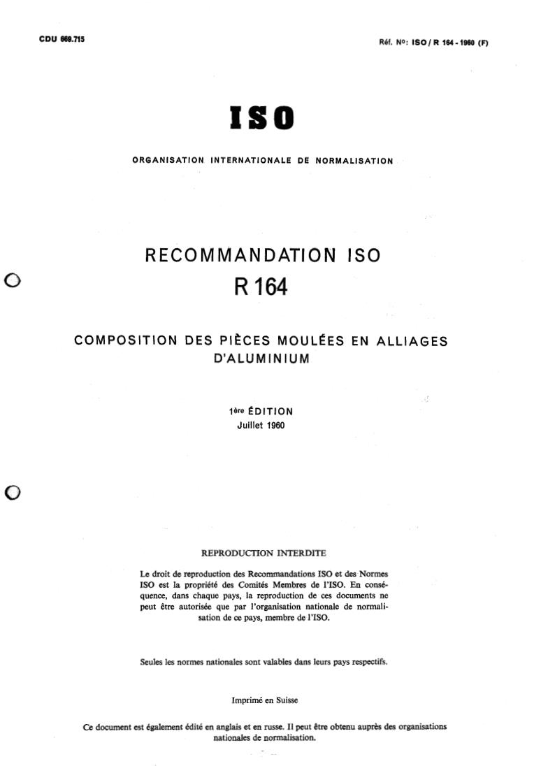 ISO/R 164:1960 - Composition of aluminium alloy castings
Released:7/1/1960