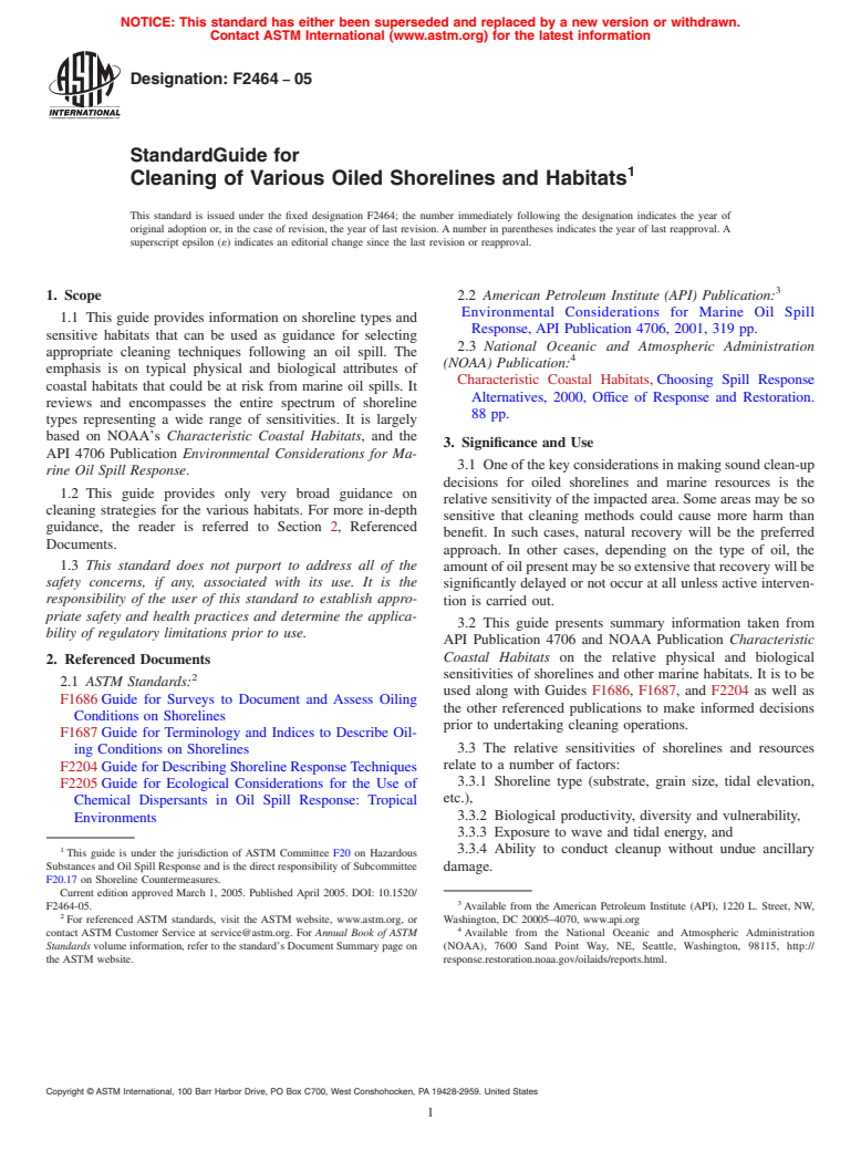 ASTM F2464-05 - Standard Guide for Cleaning of Various Oiled Shorelines and Habitats