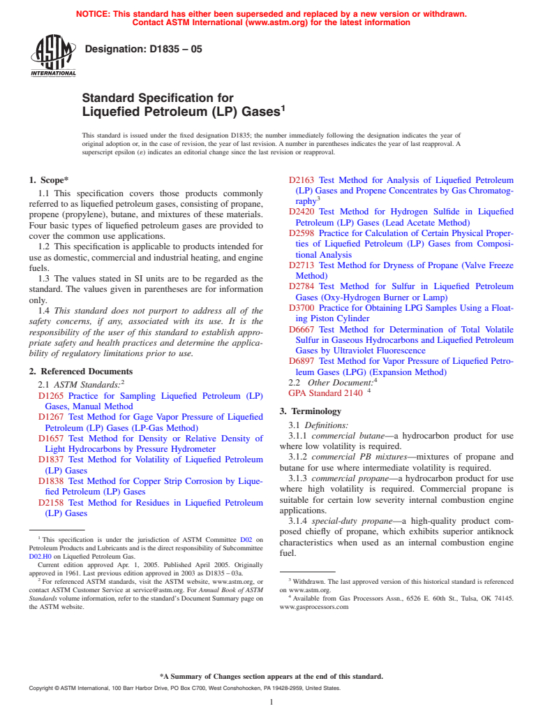 ASTM D1835-05 - Standard Specification for Liquefied Petroleum (LP) Gases