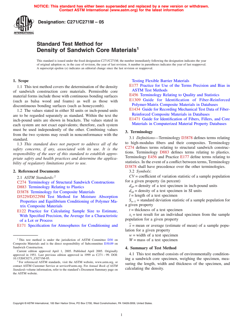 ASTM C271/C271M-05 - Standard Test Method for Density of Sandwich Core Materials