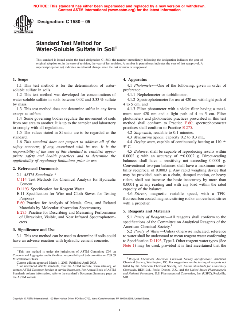 ASTM C1580-05 - Standard Test Method for Water-Soluble Sulfate in Soil