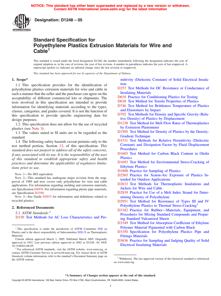 ASTM D1248-05 - Standard Specification for Polyethylene Plastics Extrusion Materials For Wire and Cable