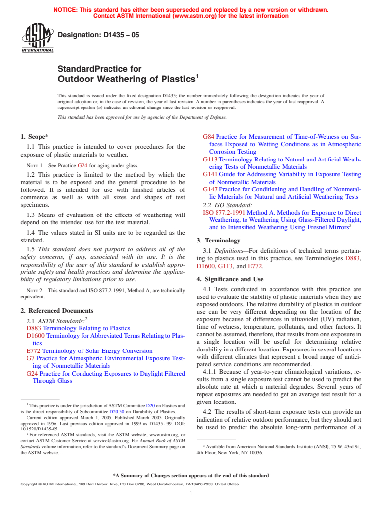 ASTM D1435-05 - Standard Practice for Outdoor Weathering of Plastics