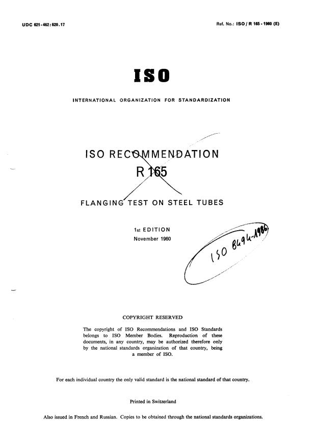 ISO/R 165:1960 - Flanging test on steel tubes