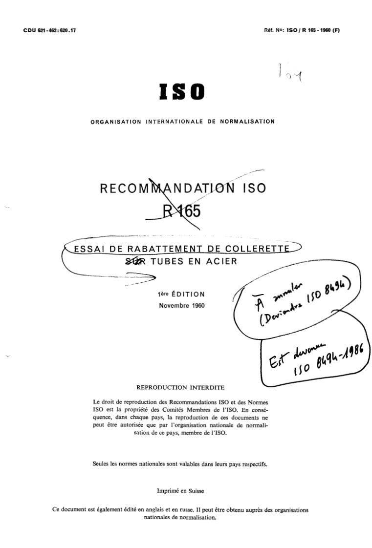 ISO/R 165:1960 - Flanging test on steel tubes
Released:11/1/1960