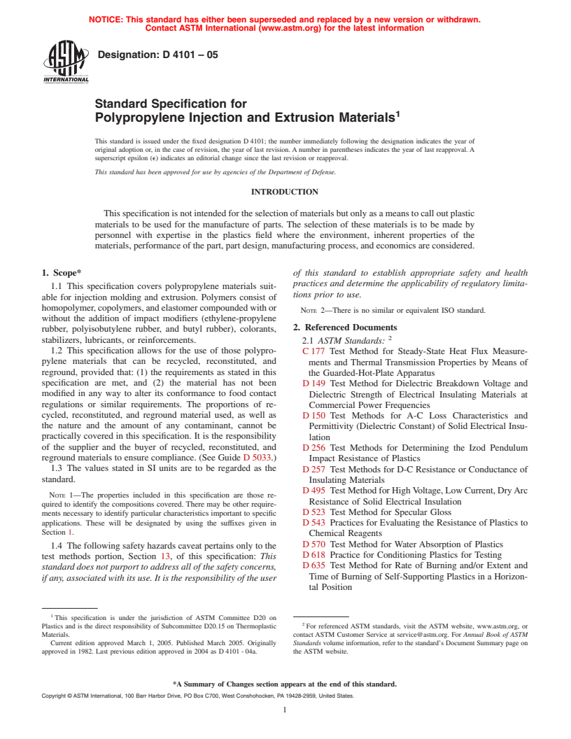 ASTM D4101-05 - Standard Specification for Polypropylene Injection and Extrusion Materials