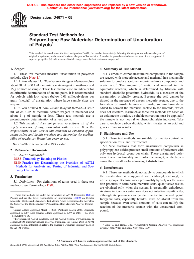 ASTM D4671-05 - Standard Test Method for Polyurethane Raw Materials  Determination of Unsaturation of Polyols