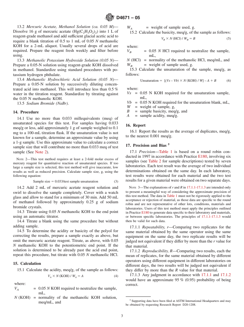 ASTM D4671-05 - Standard Test Method for Polyurethane Raw Materials  Determination of Unsaturation of Polyols