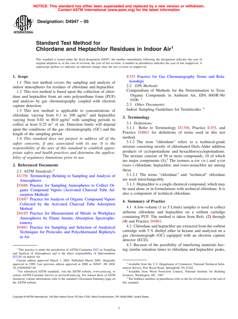 ASTM D4947-05 - Standard Test Method for Chlordane and Heptachlor Residues in Indoor Air (Withdrawn 2011)