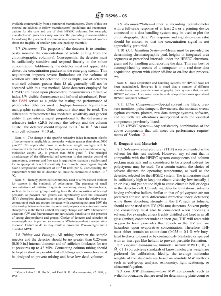 ASTM D5296-05 - Standard Test Method for Molecular Weight Averages and Molecular Weight Distribution of Polystyrene by High Performance Size-Exclusion Chromatography