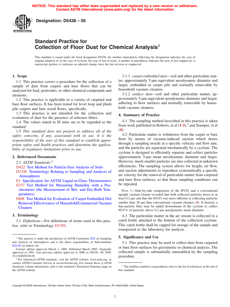 ASTM D5438-05 - Standard Practice for Collection of Floor Dust for Chemical Analysis