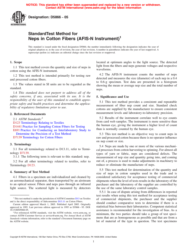 ASTM D5866-05 - Standard Test Method for Neps in Cotton Fibers (AFIS-N Instrument)