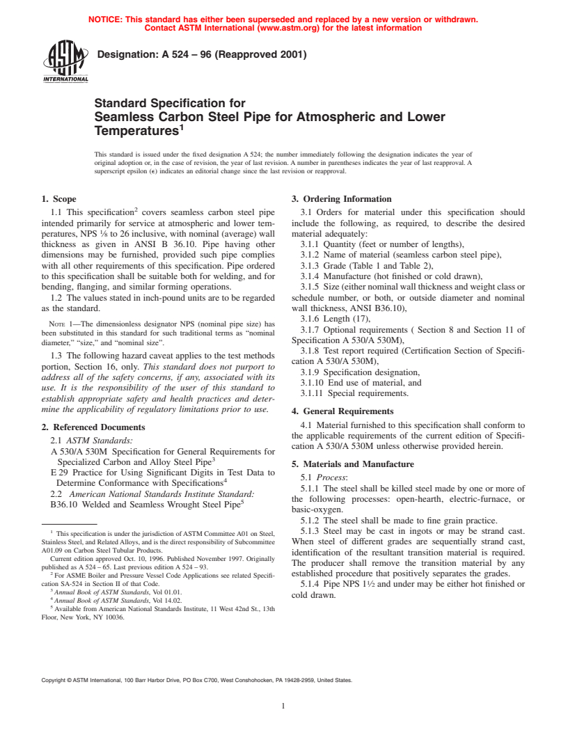 ASTM A524-96(2001) - Standard Specification for Seamless Carbon Steel Pipe for Atmospheric and Lower Temperatures