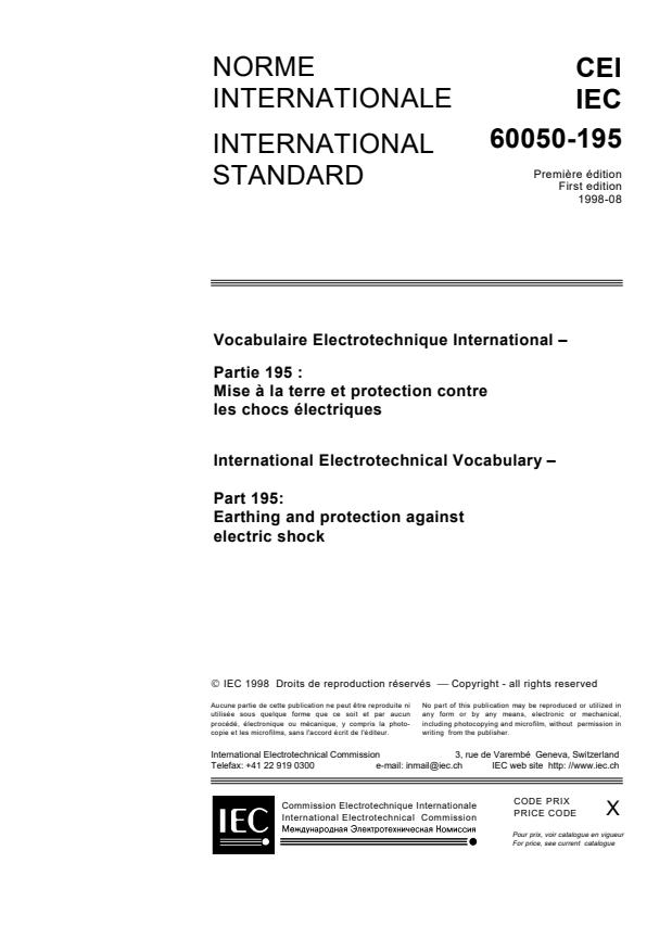 IEC 60050-195:1998 - International Electrotechnical Vocabulary (IEV) - Part 195: Earthing and protection against electric shock