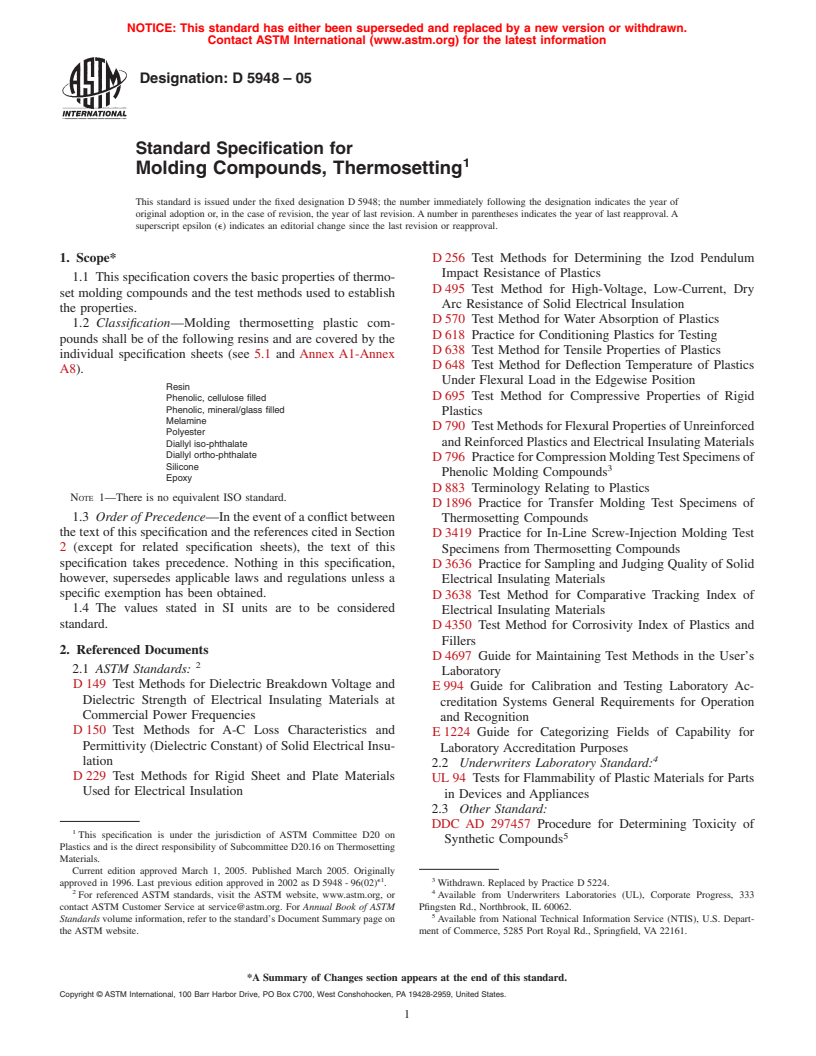 ASTM D5948-05 - Standard Specification for Molding Compounds, Thermosetting