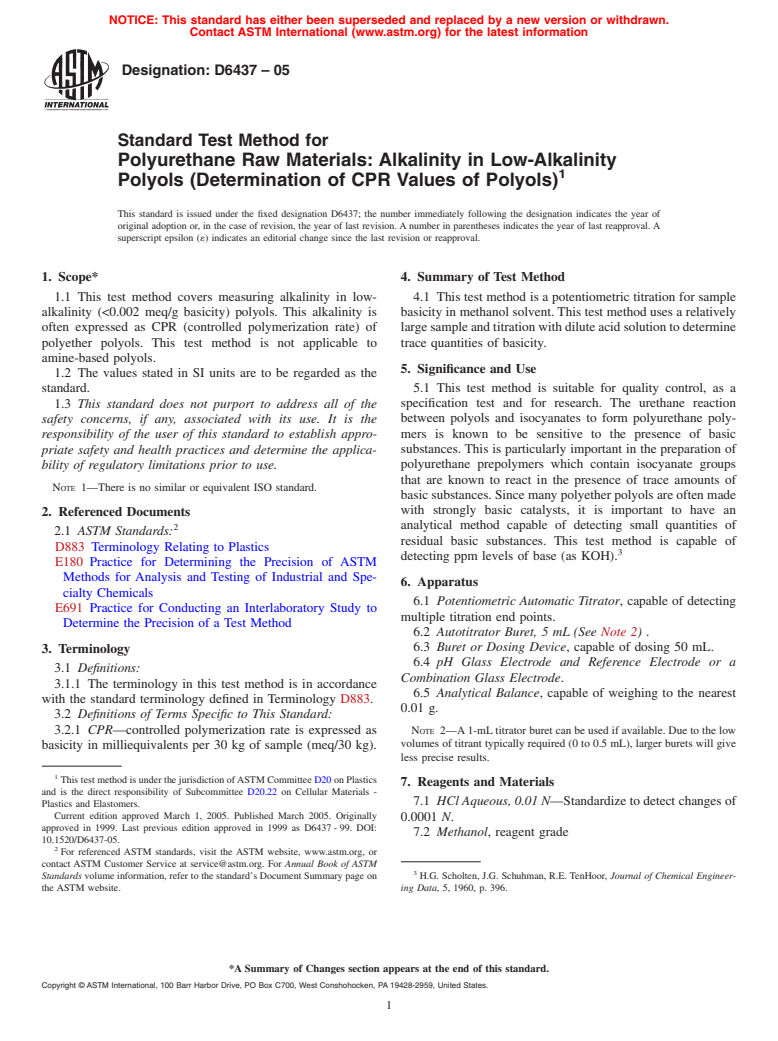 ASTM D6437-05 - Standard Test Method for Polyurethane Raw Materials: alkalinity in Low-Alkalinity Polyols (Determination of CPR values of Polyols)