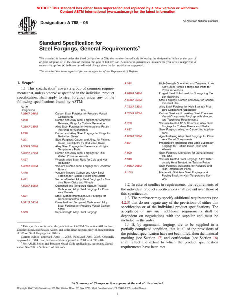 ASTM A788-05 - Standard Specification for Steel Forgings, General Requirements