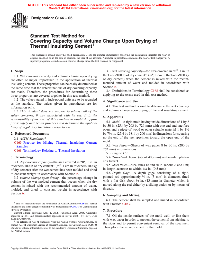 ASTM C166-05 - Standard Test Method for Covering Capacity and Volume Change Upon Drying of Thermal Insulating Cement