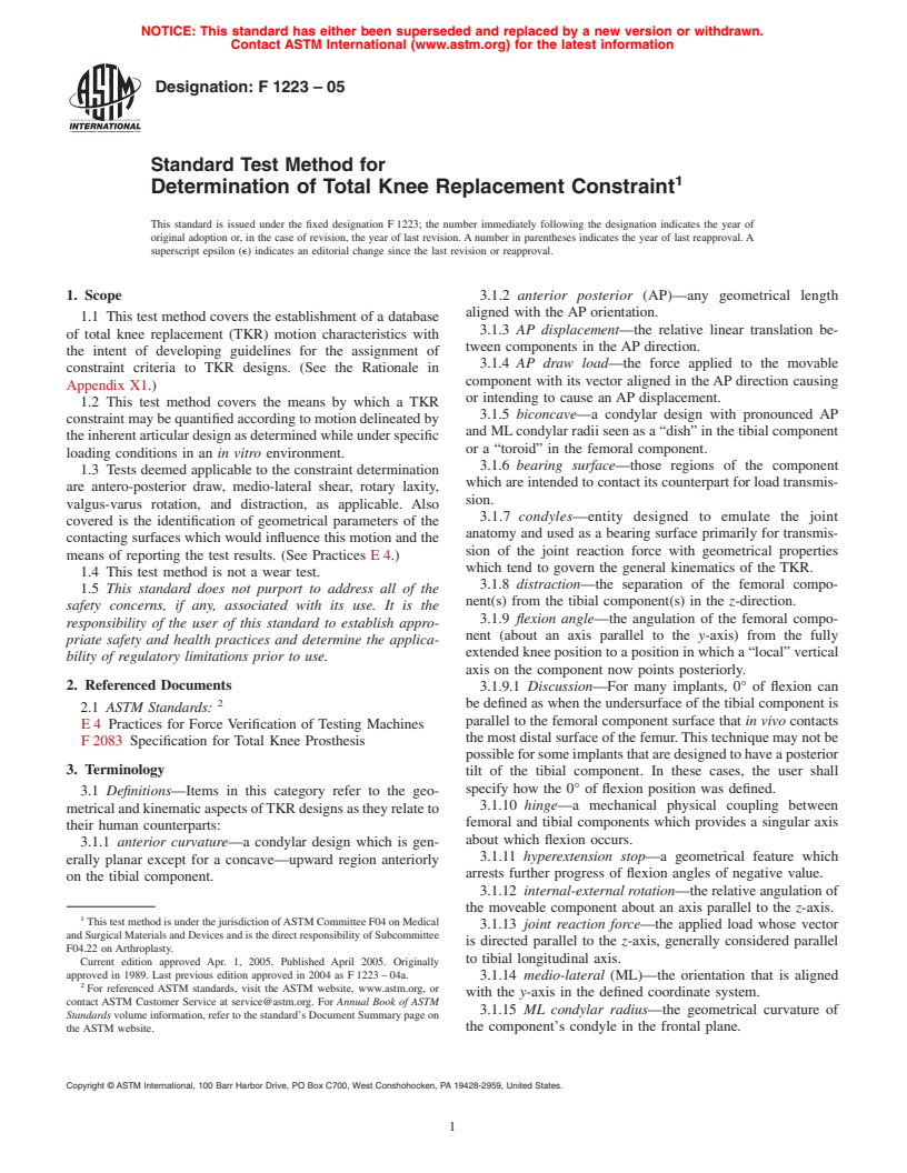 ASTM F1223-05 - Standard Test Method for Determination of Total Knee Replacement Constraint