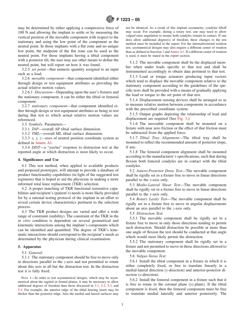 ASTM F1223-05 - Standard Test Method for Determination of Total Knee Replacement Constraint