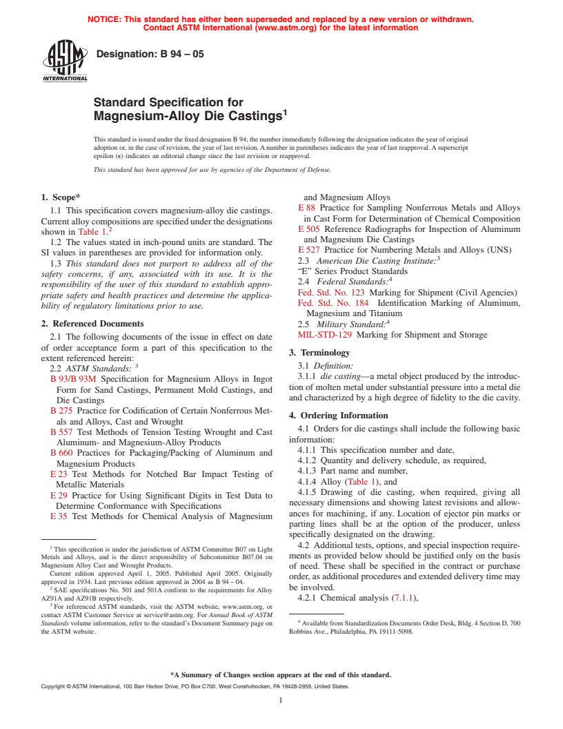 ASTM B94-05 - Standard Specification for Magnesium-Alloy Die Castings