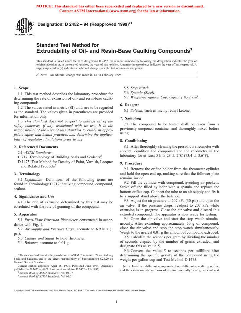 ASTM D2452-94(1999)e1 - Standard Test Method for Extrudability of Oil- and Resin-Base Caulking Compounds