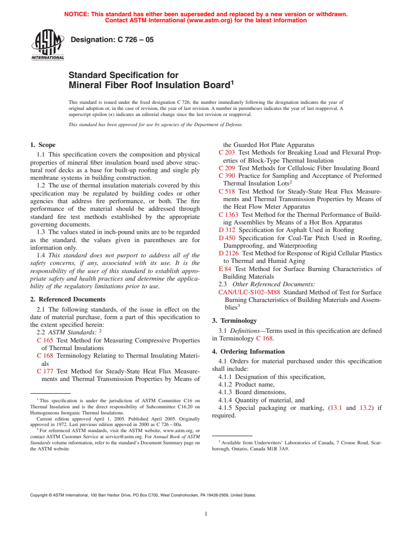 ASTM C726-05 - Standard Specification for Mineral Fiber Roof Insulation Board